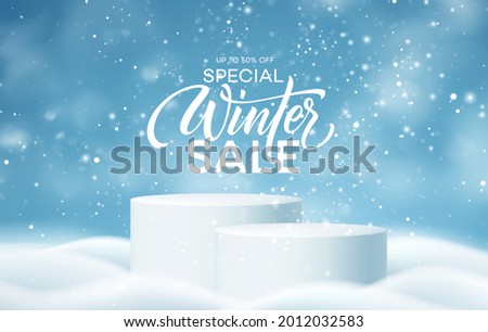Christmas Winter Product podium on the background of drifts, snowflakes and snow. Realistic product podium for Christmas winter and christmas discount design, sale. Vector illustration EPS10