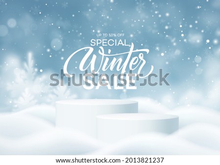Christmas Winter Product podium on the background of drifts, snowflakes and snow. Realistic product podium for winter and christmas discount design, sale. Vector illustration EPS10 Сток-фото © 