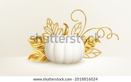 3d realistic white golden pumpkin with golden leaves, curls isolated on white background. Thanksgiving background with pumpkins. Vector illustration EPS10