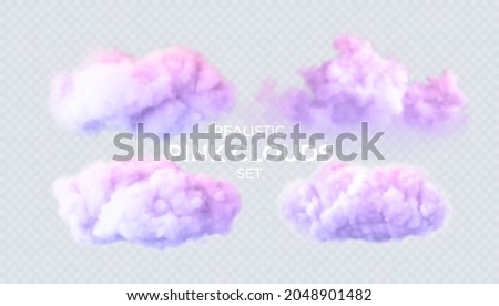 Pink, blue, purple clouds isolated on a transparent background. 3D realistic set of clouds. Real transparent effect. Vector illustration EPS10