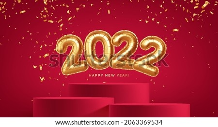 Gold foil balloons 2022 New Year and red product podium. Realistic 3d gold foil balloons 2022. Christmas and New Year Eve designs. Vector illustration EPS10