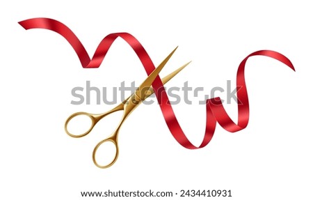 Festive Grand Opening. Elegant Ribbon Cutting Ceremony with Golden Scissors. Vector illustration