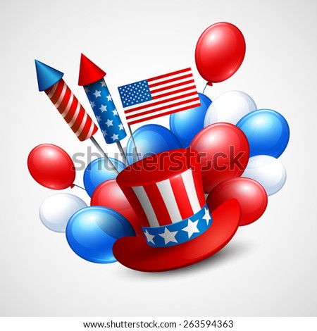 Independence Day holiday symbols. Balloon, flag,  president hat and fireworks rocket. Vector illustration EPS 10