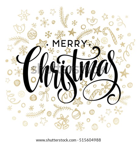 Vector Christmas Card With Sketch Elements. Golden, Black And White ...