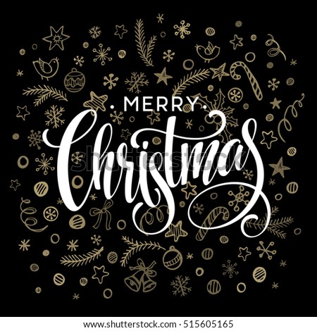 Vector Christmas Card With Sketch Elements. Golden, Black And White ...