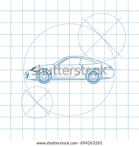 The design of the car drawing on a white background, blue print vector illustration.
