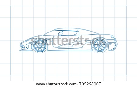 The design of the car drawing on a blue background, white print vector illustration