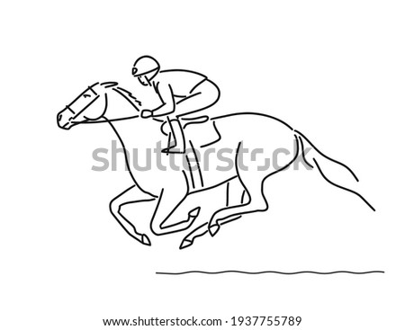 Jockey on racing horse, vector simple line illustration