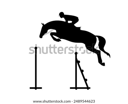 Equestrian show jumper silhouette of a rider on a horse leaping over a hurdle in a competitive event