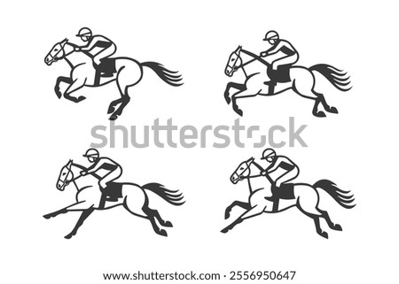 Set of jockeys riding galloping horses in black and white outline illustrations on a white background