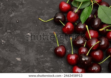 Image, Stock Photo Ripe cherries in wooden basket on grass. Container full of fruits