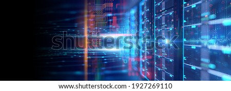 3D illustration banner  of server room in data center full of telecommunication equipment,concept of big data storage and  cloud hosting technology 