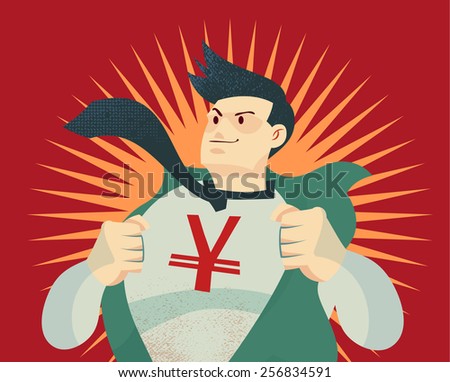 young businessman tearing his shirt off with japan yen sign represent money currency war, economic change 