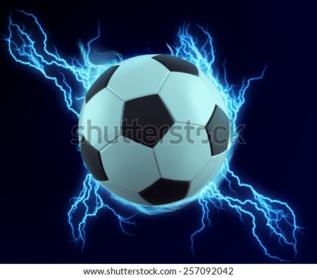 soccer ball spark with blue thunder can be use in extreme sport title or technology related.