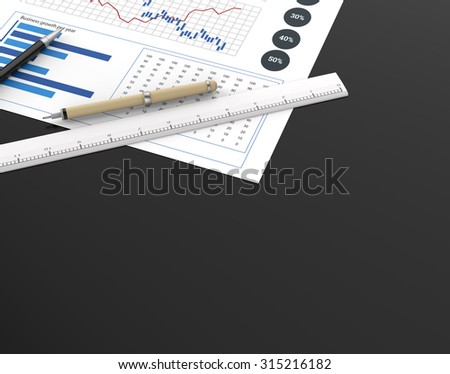 business document and stationary tool lying on the black desk background 3d illustration
