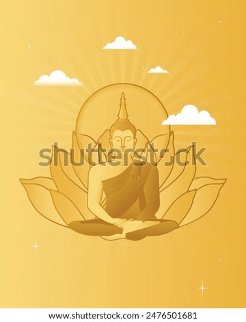 A beautiful vector of golden buddha statue sitting peaceful in golden lotus for every buddhist holiday day as visakha bucha, visak, asarnha bucha, asarlha bucha and buddhist lent day, retro style.