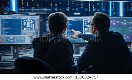 Similar – Image, Stock Photo Cyber security. Program code on screen. Using computer and programming to break code. Cyber security threat. Internet and network security. Stealing private information