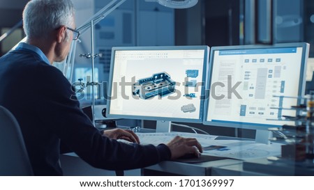 Professional Heavy Industry Engineer Works on Computer Uses CAD Software with Integrated development environment to Design Industrial Machinery Component. Over the Shoulder Shot Сток-фото © 