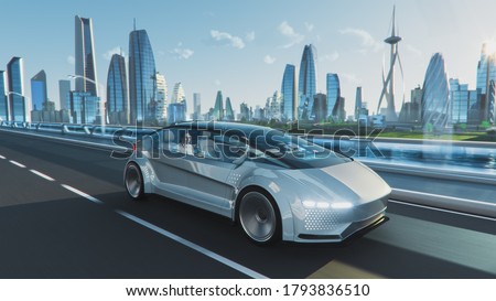 Shot of a Futuristic Self-Driving Van Moving on a Public Highway in a Modern City with Glass Skyscrapers. Beautiful Female and Senior Man are Having a Conversation in a Driverless Autonomous Vehicle.