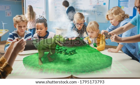 Group of School Children Use Digital Tablet Computers with Augmented Reality App, Looking at Educational 3D Animation - Dinosaur Walking on Island with Active Volcano. VFX, Special Effects Render