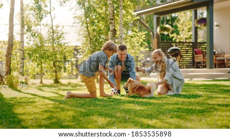 Family of Four Having fun Playing with Cute Little Pomeranian Dog In the Backyard. Father, Mother, Son Pet Fluffy Smart Puppy, teach and train it Commands. Sunny Summer Day in Idyllic Suburban House