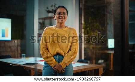 Similar – Image, Stock Photo portrait indoors of a young beautiful woman with led ring reflection in her eyes. Black and white photography