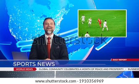 Live News Studio with Male Anchor Reporting Sports News on Soccer Game Score, Story Show Highlight of Two Teams Playing Football before Scoring Beautiful Goal. Mock-up TV Channel Newsroom