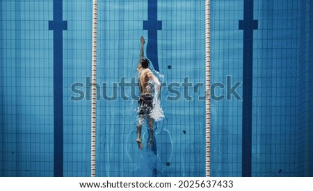 Aerial Top View Male Swimmer Swimming in Swimming Pool. Professional Athlete Training for the Championship, using Front Crawl, Freestyle Technique. Top View Shot