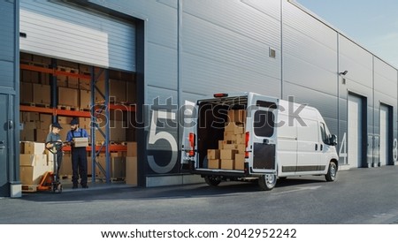 Outside of Logistics Warehouse with Open Door, Delivery Van Loaded with Cardboard Boxes. Truck Delivering Online Orders, Purchases, E-Commerce Goods, Wholesale Merchandise.