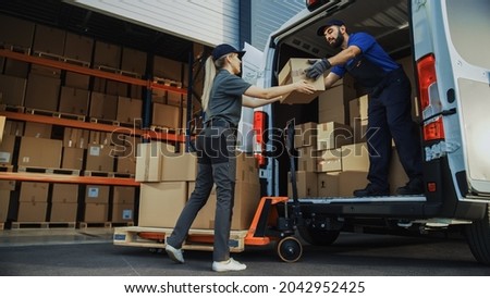 Outside of Logistics Distributions Warehouse: Diverse Team of Workers use Hand Truck Loading Delivery Van with Cardboard Boxes, Online Orders,  E-Commerce Purchases.