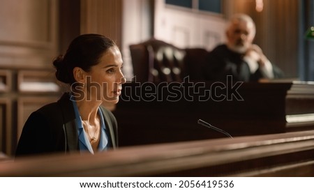Court of Law and Justice: Portrait of Beautiful Female Victim Giving Heartfelt Testimony to Judge, Jury. Emotional Speech of Empowered Woman against Crime, Injustice, Prejudice, Corruption Zdjęcia stock © 