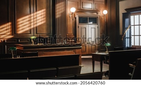 Empty American Style Courtroom. Supreme Court of Law and Justice Trial Stand. Courthouse Before Civil Case Hearing Starts. Grand Wooden Interior with Judge's Bench, Defendant's and Plaintiff's Tables. Сток-фото © 