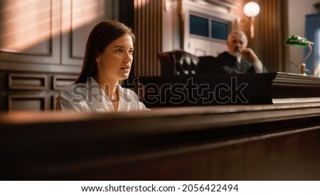 Court of Law and Justice Trial Stand: Portrait of Beautiful Female Victim Giving Heartfelt Testimony, Judge and Jury Listening. Dramatic Speech of Empowered Witness against Crime, Prejudice, Injustice Zdjęcia stock © 