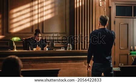 Court of Law and Justice Trial Proceedings: Male Law Offender is Questioned and Giving Testimony to Judge, Jury. Criminal Denying Charges, Pleading, Judge Accuses Guilty Defendant. Foto d'archivio © 