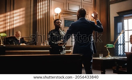 Law and Justice Court Case Witness Solemnly Swears that the Evidence He Shall Give Shall be the Truth and Nothing but the Truth Before Testifying to Lawyers and Judge in Courthouse. Zdjęcia stock © 