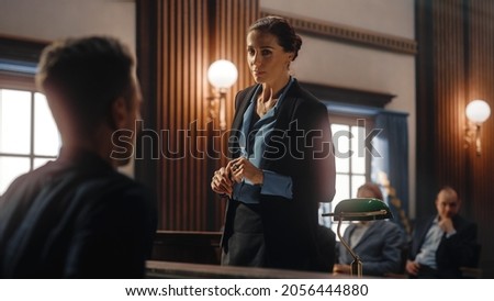 Court of Justice and Law Trial: Female Public Defender Presenting Case, Asking Male Witness in Front of Judge and Jury. Multiethnic Attorney Lawyer Protecting Client Against Crime, Injustice. Foto stock © 