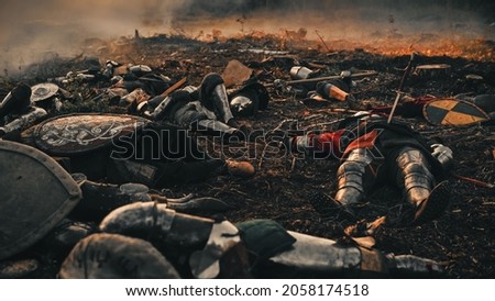 After Epic Battle Bodies of Dead, Massacred Medieval Knights Lying on Battlefield. Warrior Soldiers Fallen in Conflict, War, Conquest, Warfare, Colonization. Cinematic Dramatic Historical Reenactment Photo stock © 