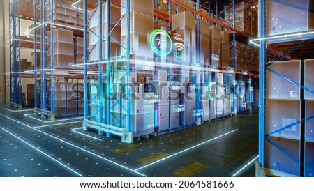 Futuristic Technology Retail Warehouse: Digitalization and Visualization of Industry 4.0 Process that Analyzes Goods, Cardboard Boxes, Products Delivery Infographics in Logistics, Distribution Center Imagine de stoc © 
