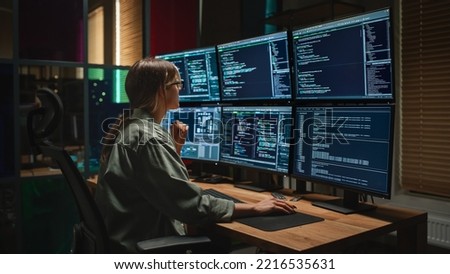 Similar – Image, Stock Photo focused woman with dark hair messaging on cellphone while being near desktop computer in office in Paris