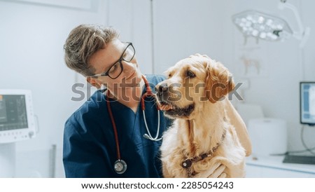 Similar – Image, Stock Photo young veterinarian man examining a cute small dog by using stethoscope, isolated on white background. Indoors