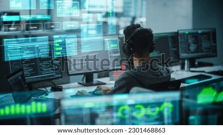 Similar – Image, Stock Photo Cyber security. Program code on screen. Using computer and programming to break code. Cyber security threat. Internet and network security. Stealing private information