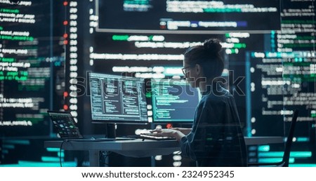 Similar – Image, Stock Photo Cyber security. Program code on screen. Using computer and programming to break code. Cyber security threat. Internet and network security. Stealing private information