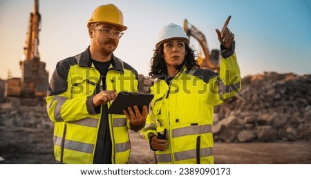 Similar – Image, Stock Photo inspector or architect woman at construction site. talking on mobile phone.Home improvement