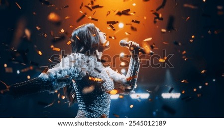 Similar – Image, Stock Photo Creative woman singing and playing guitar on stage