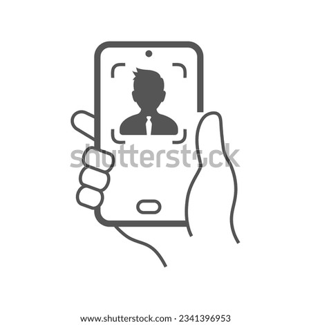 Hand is holding smartphone and the guy is taking a selfie. Editable Stroke. EPS 10.