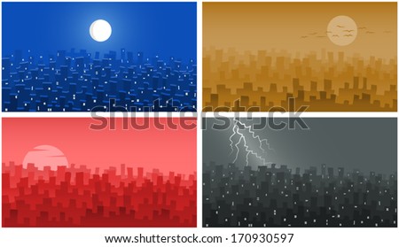 Urban landscape with different weather conditions