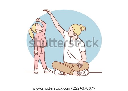 Mother measuring her daughter's height. Vector illustration.