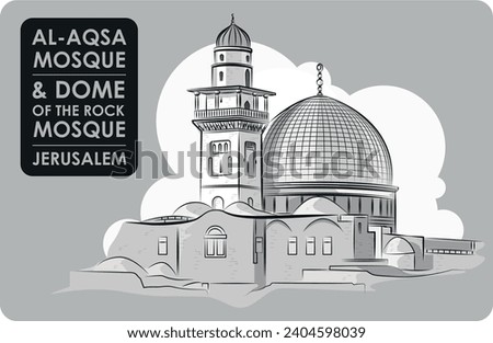 Al aqsa Mosque and Dome of the rock Outline drawing with vector. an Islamic religious site that houses the headstone.