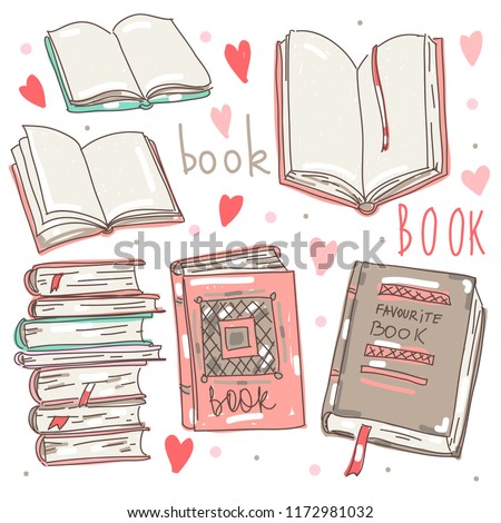 Vector set collection design hand drawn cute concept with books and hearts