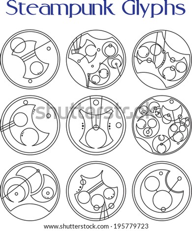 Set of nine steampunk themed glyphs for use in sci-fi or fantasy settings